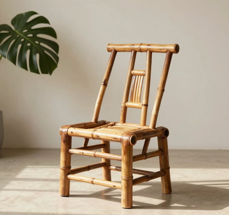 A lifestyle shot of a premium handcrafted bamboo chair placed in a bright, minimalist room. The room features soft ivory walls and a single deep forest green plant. The sun casts warm beige shadows across the floor.