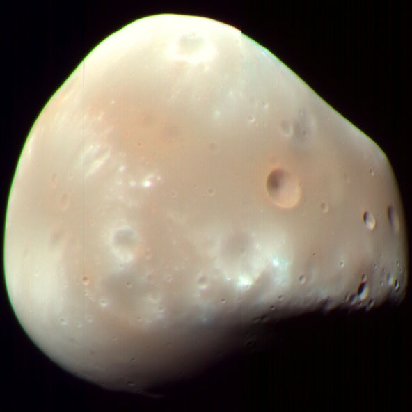 Colour image of Deimos captured by the HiRISE instrument on the Mars Reconnaissance Orbiter