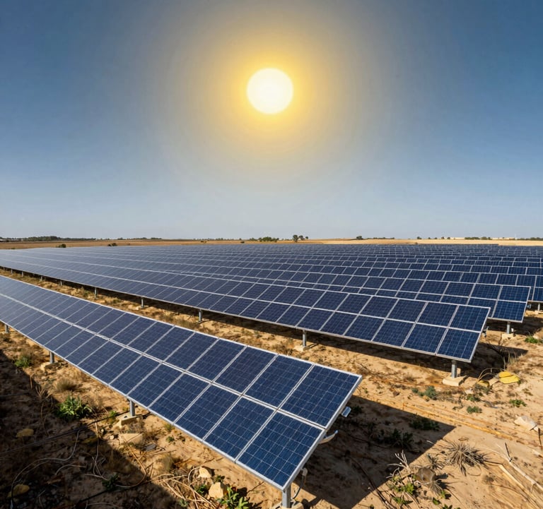 A wide landscape photograph of an expansive utility-scale ground-mounted photovoltaic solar farm located in the Southern European countryside. Neatly arranged solar arrays tilt toward the solar yellow sun, with electric blue sky reflections across the photovoltaic surface.