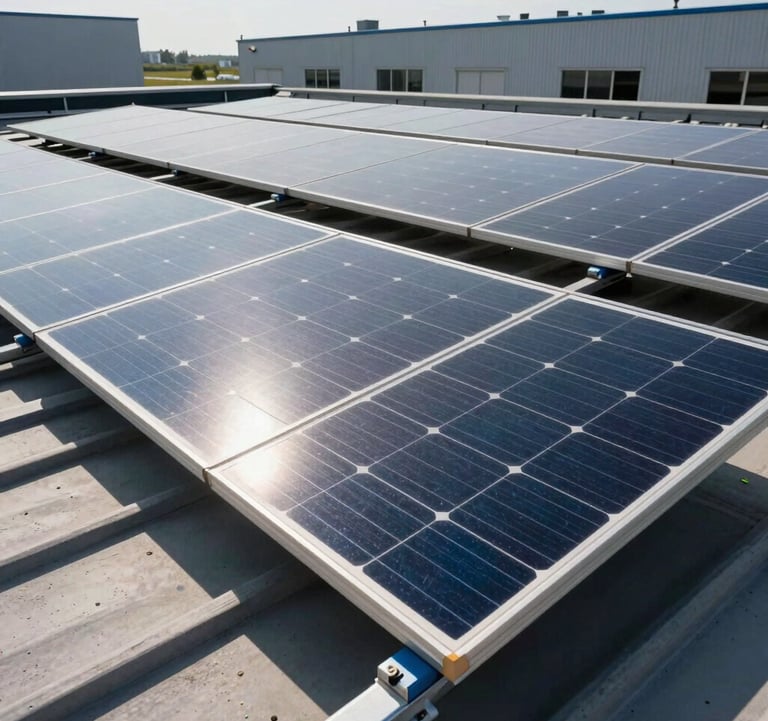Detailed medium shot of high-efficiency solar panel modules mounted on the rooftop of an Italian commercial warehouse. Sunlight glints off the tempered solar glass, showing high-tech dark cell textures with clean electric blue metallic frames under bright afternoon lighting.