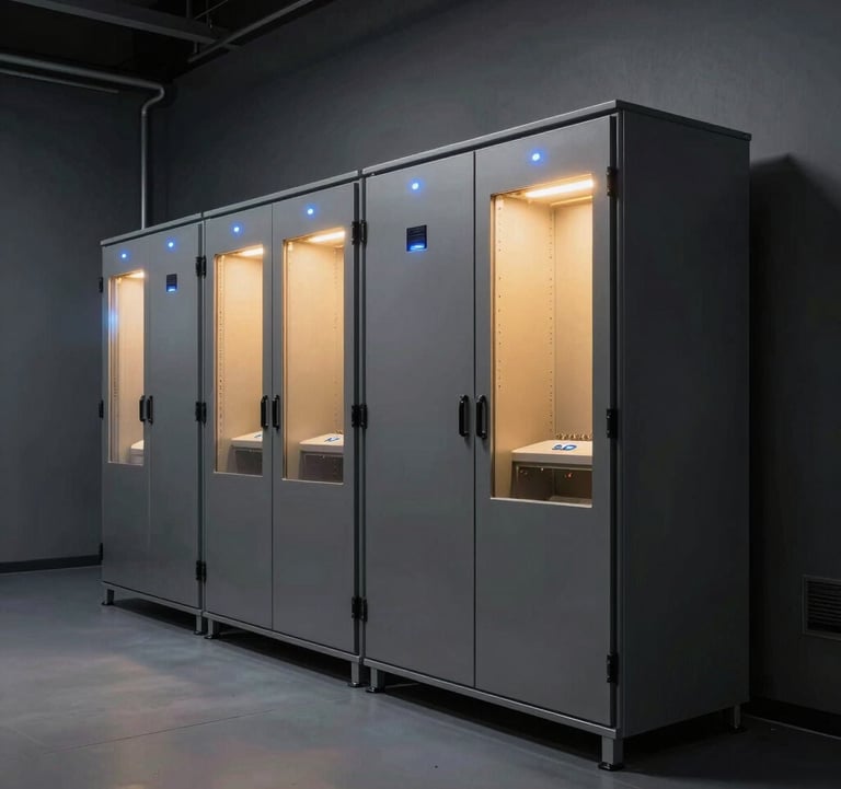 Professional interior photograph of a modern industrial energy storage room inside an Italian renewable energy facility. Sleek modern battery cabinets stand in a clean dark charcoal space illuminated by subtle electric blue indicator lights and warm yellow accents.