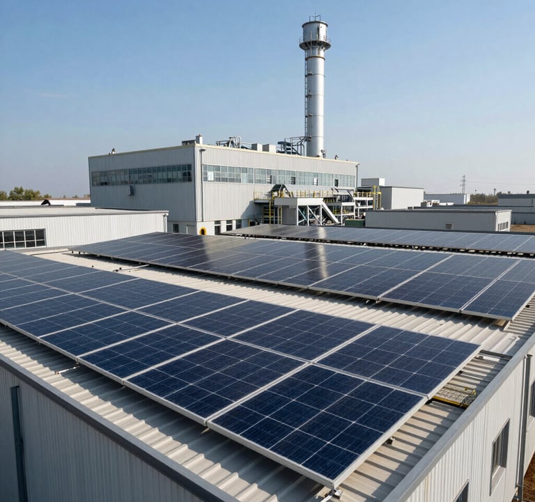 Industrial facility in Northern Italy featuring integrated photovoltaic solar panels on roof, clear bright sky.
