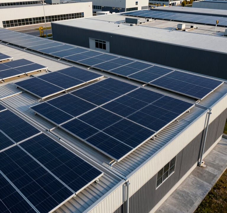 Modern Italian logistics center with roof covered in solar panels, clean architectural aesthetic, electric blue and dark slate tones.