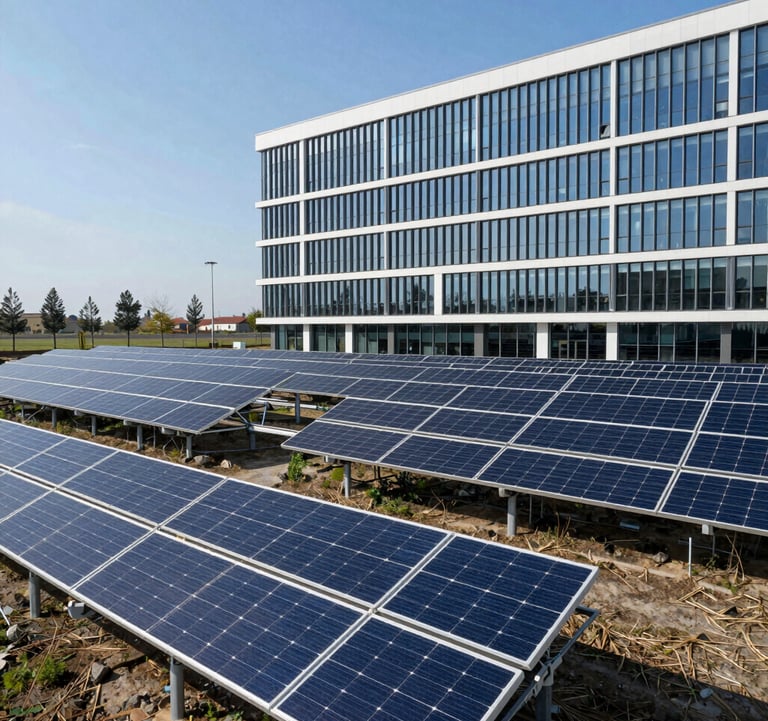 Large solar park installation adjacent to a modern corporate building in Italy, high tech clean design, sunny blue skies.