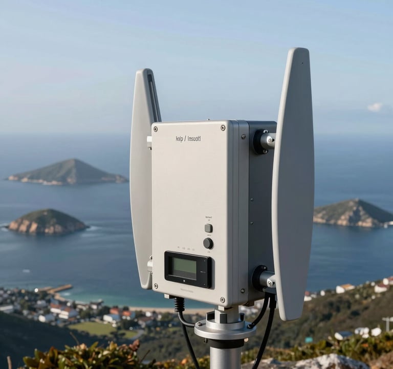 A close-up shot of a modern digital radio transmitter unit mounted on a mountaintop, overlooking a panorama of Atlantic islands and the ocean, European Atlantic / Insular, sharp focus.