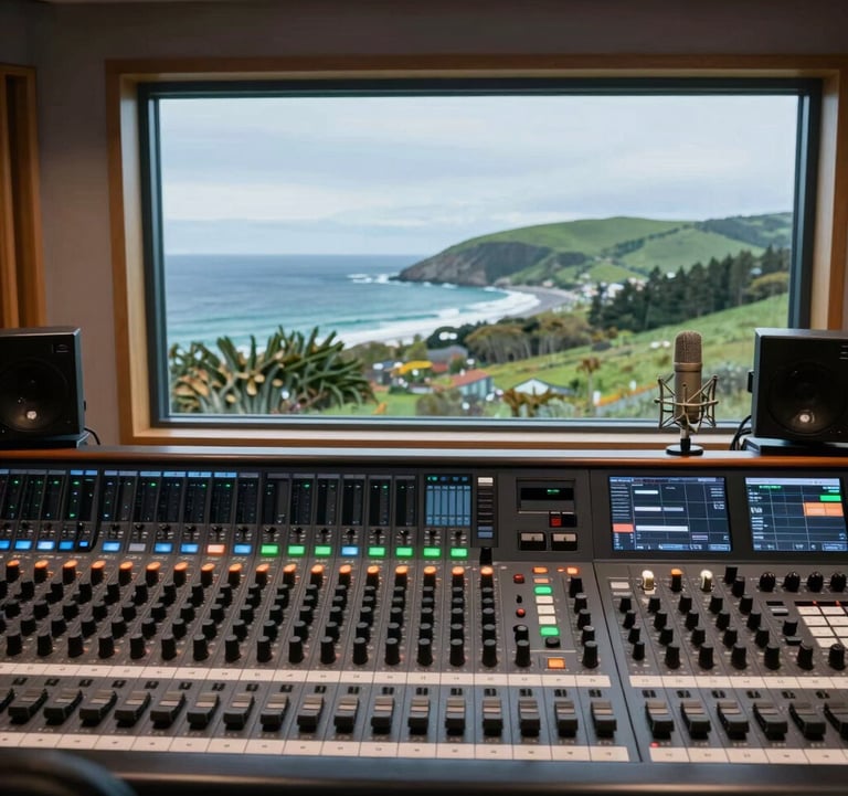 Inside a modern digital radio studio with advanced mixing boards and microphones, a large window behind shows a stunning view of the Atlantic coast and green hills, European Atlantic / Insular.