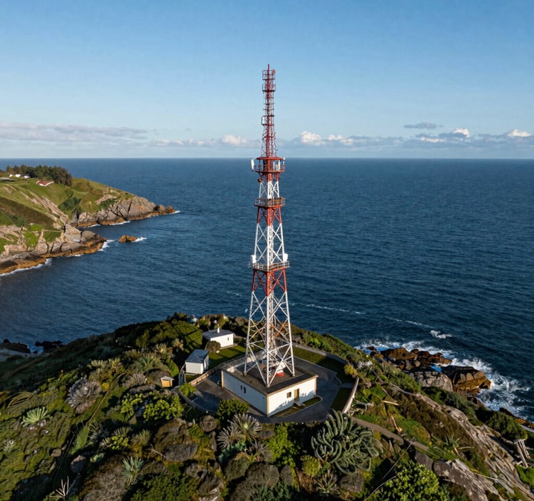 A high-angle view of a dramatic Atlantic coastline with a radio tower standing prominently against the sky, lush greenery and deep blue water, European Atlantic / Insular professional landscape.