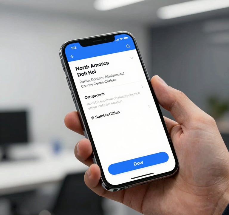 Close-up photography of a smartphone held in a professional North America / US office setting. The screen shows a clean, modern interface with corporate blue elements. The background is a soft-focus white and charcoal dark gray interior.