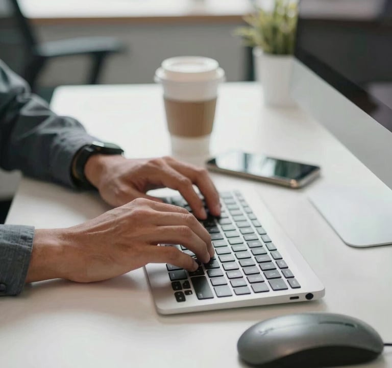 Photography of a professional's hands typing on a sleek keyboard in a brightly lit, modern co-working space in the US, with a cup of coffee and a smartphone on a clean desk.