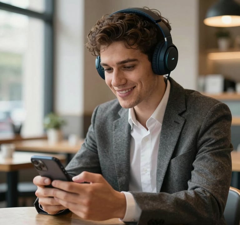 A young professional in North America wearing stylish wireless headphones, sitting in a bright and airy modern cafe. They are looking at their phone and smiling confidently while practicing spoken English with the AI app.