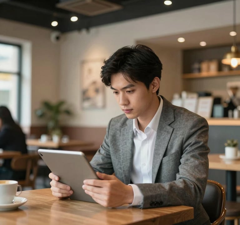 A young professional focusing on a tablet while sitting in a clean, modern cafe with high ceilings and sophisticated North American urban decor.