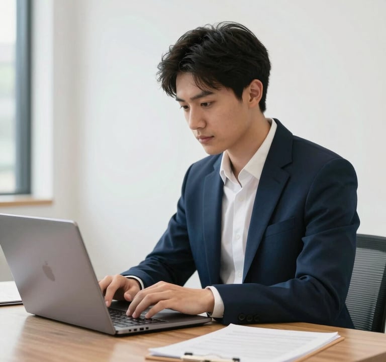 Clean, bright photography of a professional student using a modern laptop in a white-walled interior in North America / US. The scene is clutter-free and elegant, featuring high-quality wooden accents and corporate blue highlights.
