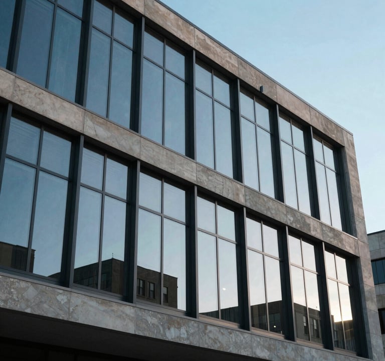 A medium shot of a modern architectural building exterior with large glass windows reflecting a clear blue sky, representing a sophisticated educational institution in North America / US.