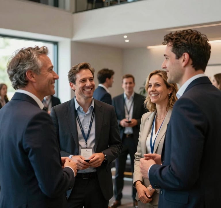 A diverse group of professional adults laughing and networking during a break at a high-end educational seminar in a sleek, modern US venue.