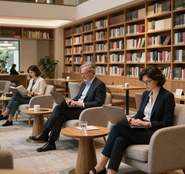 An elegant, well-lit library or upscale study lounge with modern furniture and professional adults reading and working on laptops in a quiet environment.