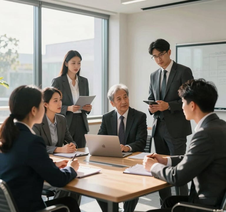 A group of professional business people in modern attire collaborating in a bright, high-end meeting room in North America. Natural sunlight through large windows.