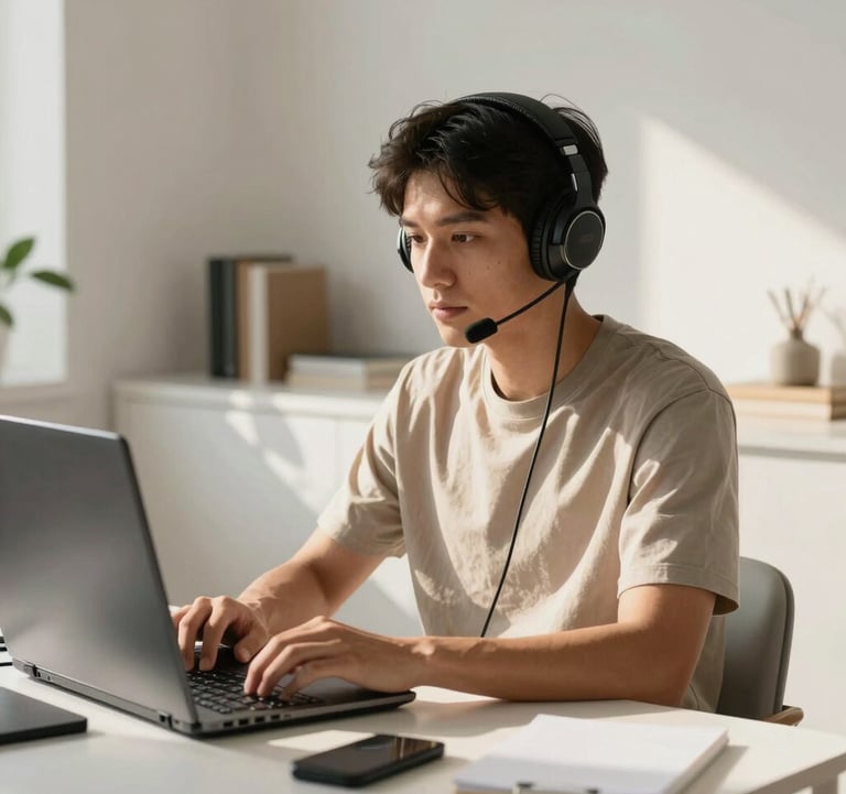 Professional lifestyle photography of a learner in a clean, modern North America / US home office. They are wearing sleek headphones and looking focused. The environment is minimalist with white furniture and warm, natural sunlight.