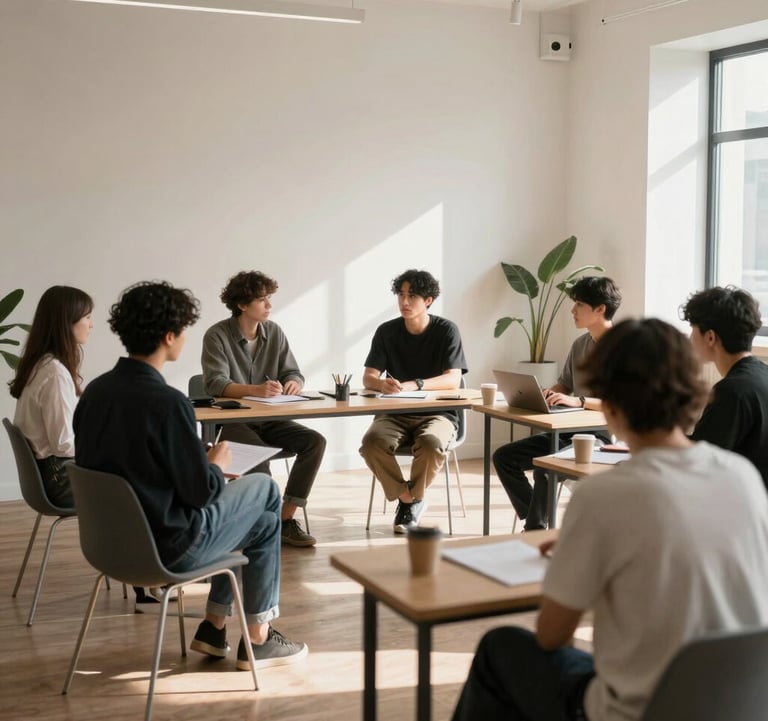 A professional student attending a private language workshop in a minimalist, sunlit studio with high-end decor and a premium atmosphere.