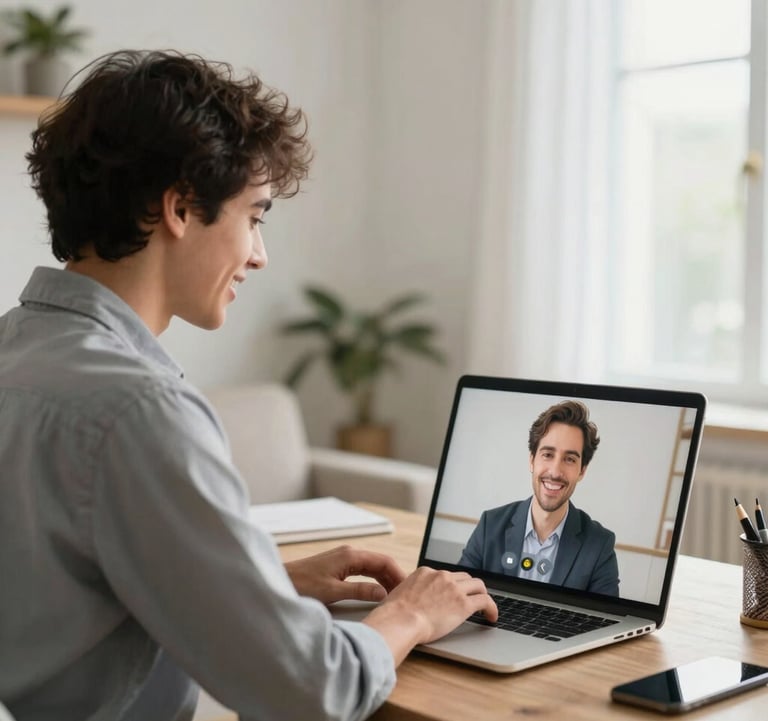 A professional individual smiling while engaging in an online video session on a laptop in a bright, high-end North American home office.