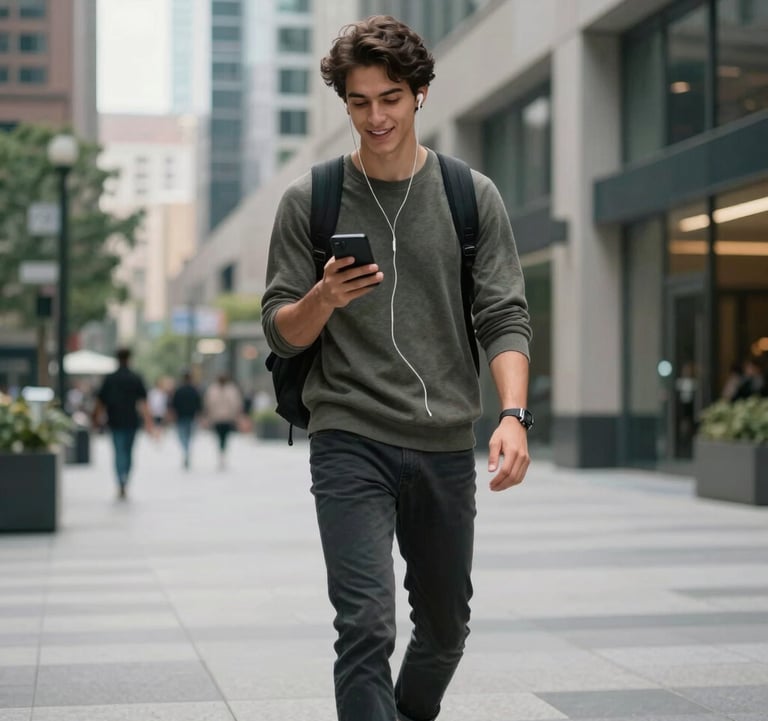 A lifestyle shot of a professional student walking through a modern urban plaza in North America / US, wearing wireless earbuds and looking at a smartphone with a motivated expression.