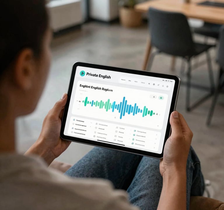 An over-the-shoulder shot of a person sitting in a contemporary coworking space in the US. They are using an iPad that shows a clean, professional English learning dashboard with the Private English brand logo and voice wave icons.