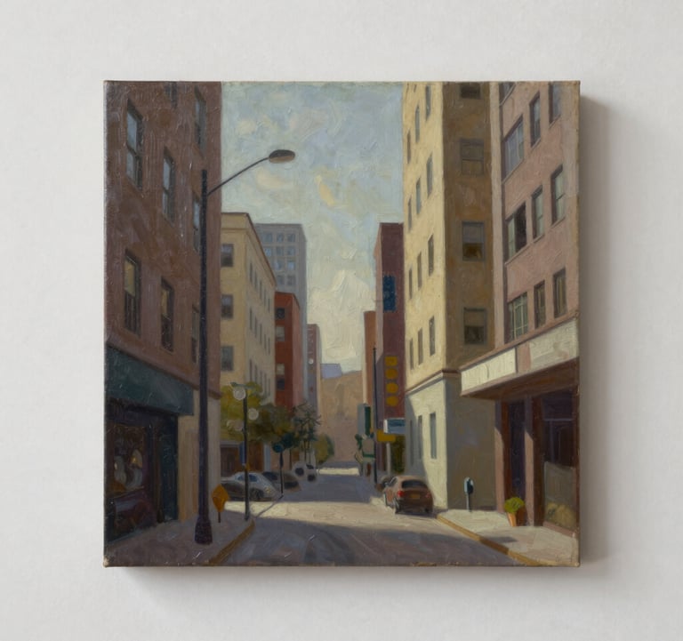 Detailed photograph of an urban-themed oil painting with sharp geometric lines and muted earth tones, displayed in a minimalist North American / US studio.