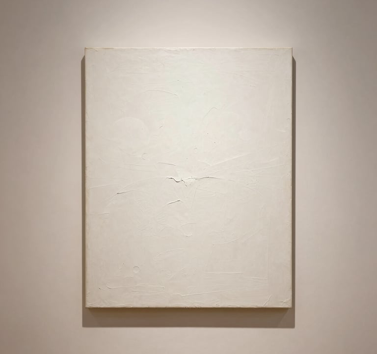 Minimalist photography of an abstract realist painting with heavy texture and soft white highlights, centered on a warm ivory wall.