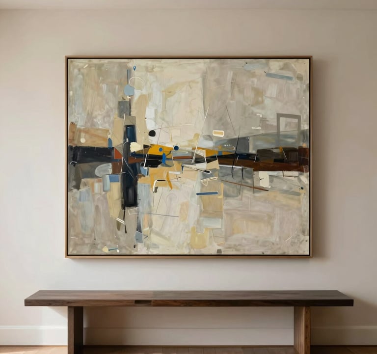 An editorial interior photograph of a sophisticated North American residence. A large-scale abstract realism painting by Dena Harris hangs on a warm ivory wall above a minimalist console. The lighting is soft and natural, emphasizing a high-end gallery feel.