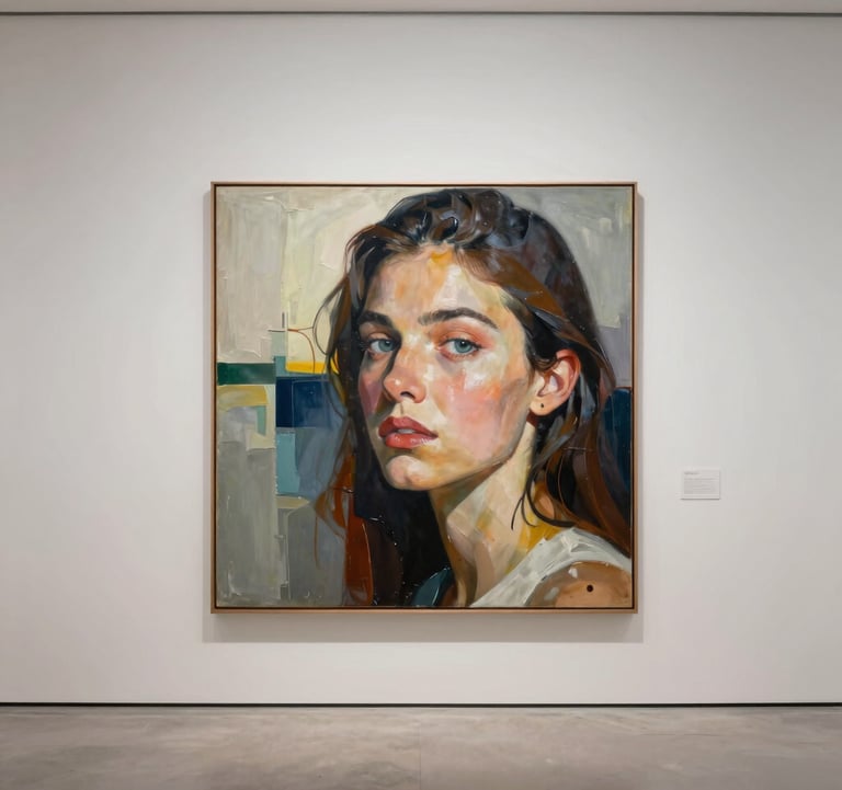 A detailed photography of a contemporary portrait painting by Dena Harris, showcasing abstract realism, displayed on a soft white gallery wall with generous white space and refined museum-quality lighting.