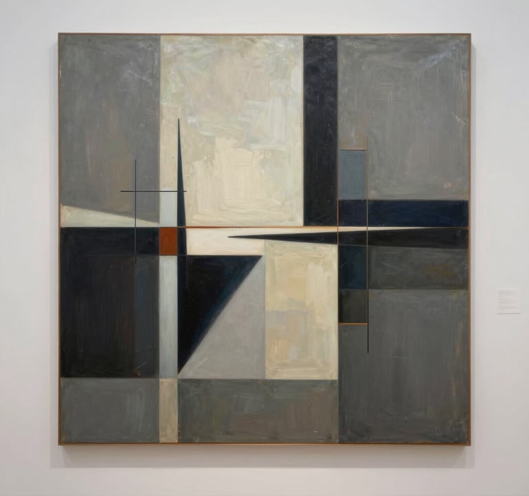 A detailed photography of an urban-inspired abstract realism painting, emphasizing structural forms and light, presented in a high-end contemporary art gallery environment in North America / US.