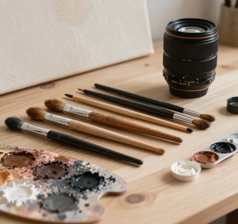 A professional studio photography shot of an artist's workspace in a North American city. High-quality brushes and a palette with muted earth tones and charcoal paint are arranged neatly on a clean wood surface, with a textured canvas visible in the background.