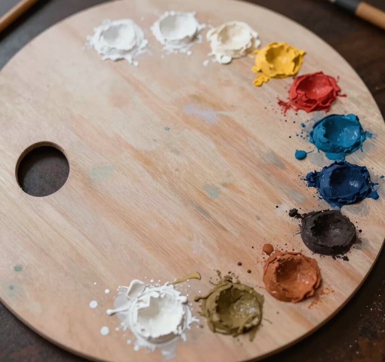 High-angle photography of an artist's palette with soft white, warm ivory, and muted earth tone paints, editorial style, North American / US.