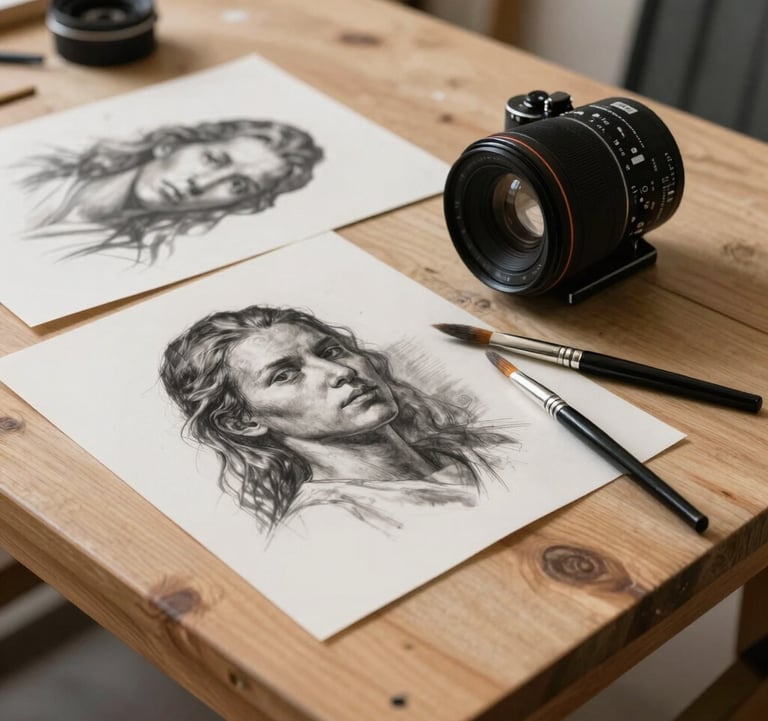 Elegant still life photography of charcoal sketches and fine art brushes on a warm ivory wooden table in a North American / US artist studio.