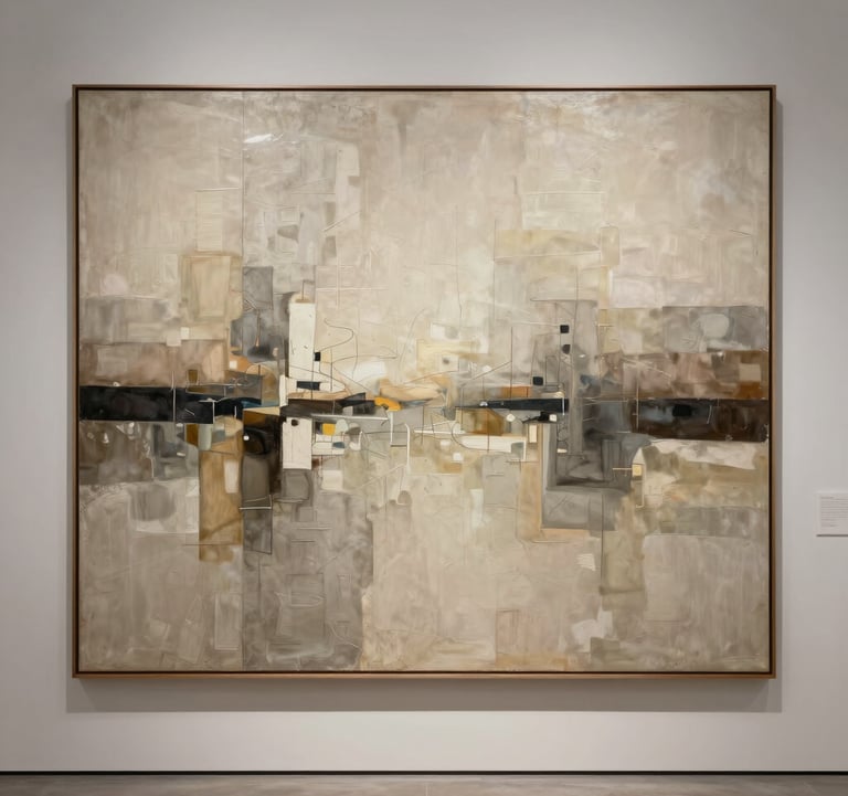 A detailed photography of a large-scale abstract painting with subtle architectural textures, featuring warm ivory and charcoal tones, hanging in an elegant, minimalist gallery setting.