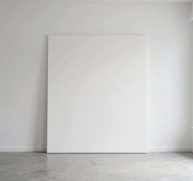 Minimalist photography of a completed canvas drying in a bright, white-walled North American / US studio space with ample white space.