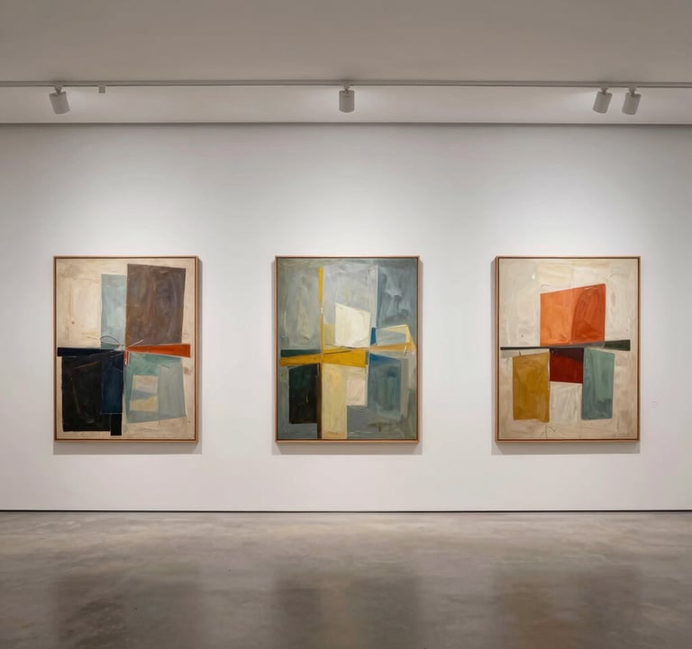 A wide-angle interior shot of a modern gallery in the US. Three large-scale abstract paintings are displayed on a soft white wall with ample white space between them, illuminated by subtle spotlighting.