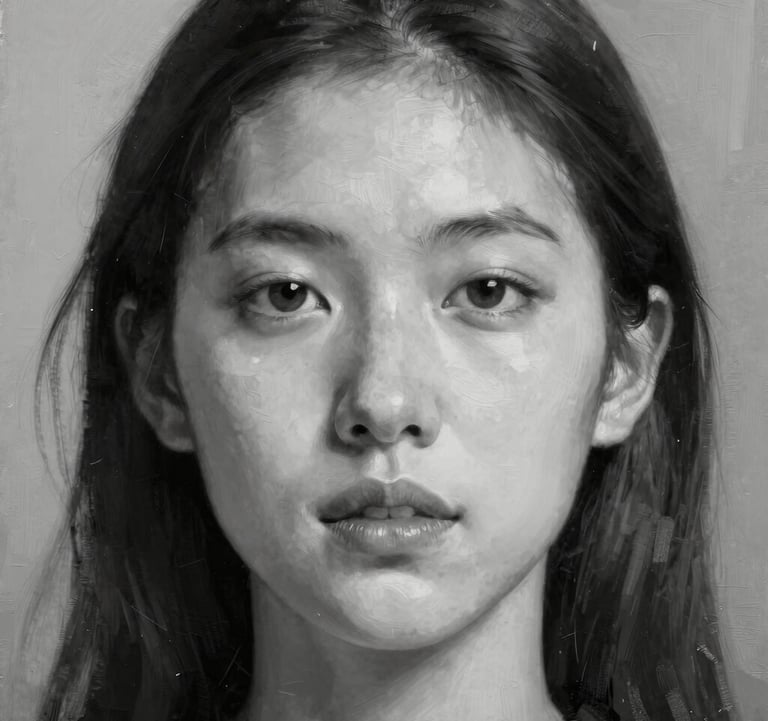 Close-up photography of a contemporary portrait painting with soft white and charcoal highlights, featuring sophisticated, editorial brushwork.