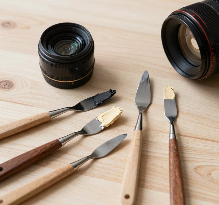 Professional flat lay photography of fine art materials: several palette knives with residual charcoal and warm ivory paint on a clean, light-colored wooden surface in a North American studio.