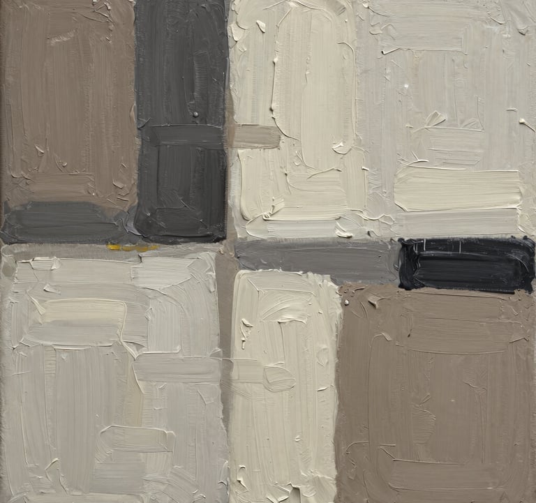A high-detail macro photograph of the texture on a contemporary abstract oil painting. Visible impasto brushstrokes in charcoal, taupe, and ivory create a sophisticated architectural relief. Professional lighting highlights the artistic depth and quality.