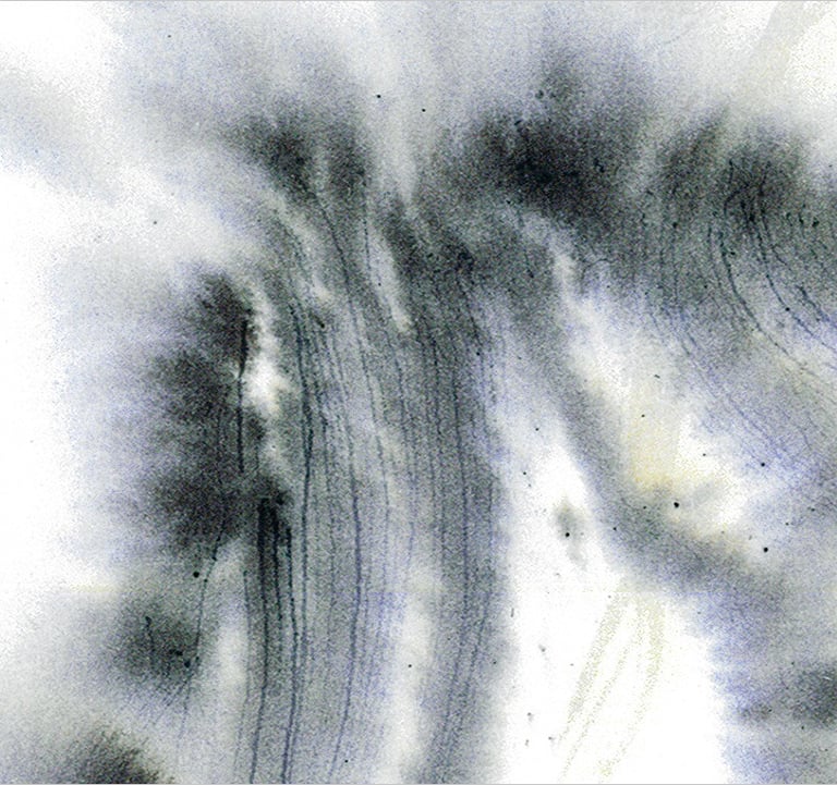 Yuge Kurt, fragment of watercolor painting in art gallery. Abstract flowers. Calligraphy