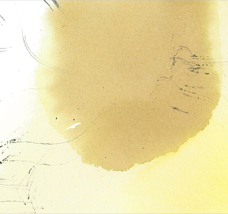 Yuge Kurt, fragment of watercolor painting in art gallery. Abstract flowers. Calligraphy