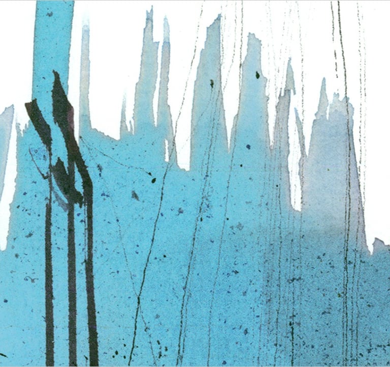 Yuge Kurt, fragment of watercolor painting in art gallery. Abstract flowers. Light airy blue tones