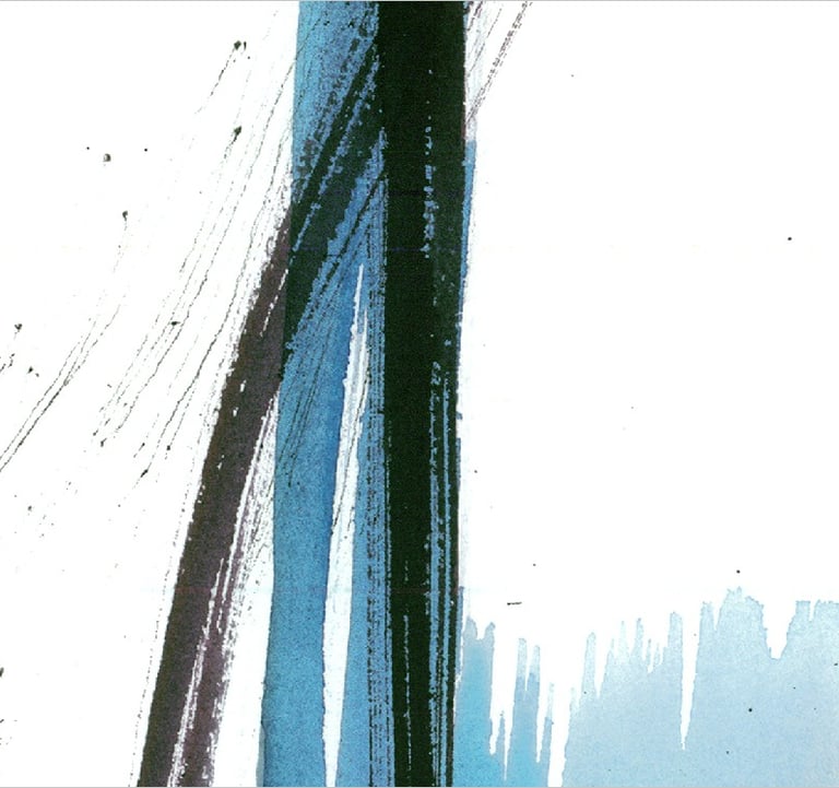 Yuge Kurt, fragment of watercolor painting in art gallery. Abstract flowers. Light airy blue tones