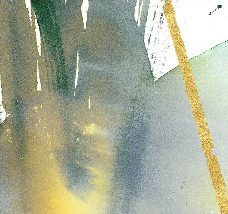 Yuge Kurt, fragment of watercolor painting in art gallery. Abstract flowers. Calligraphy