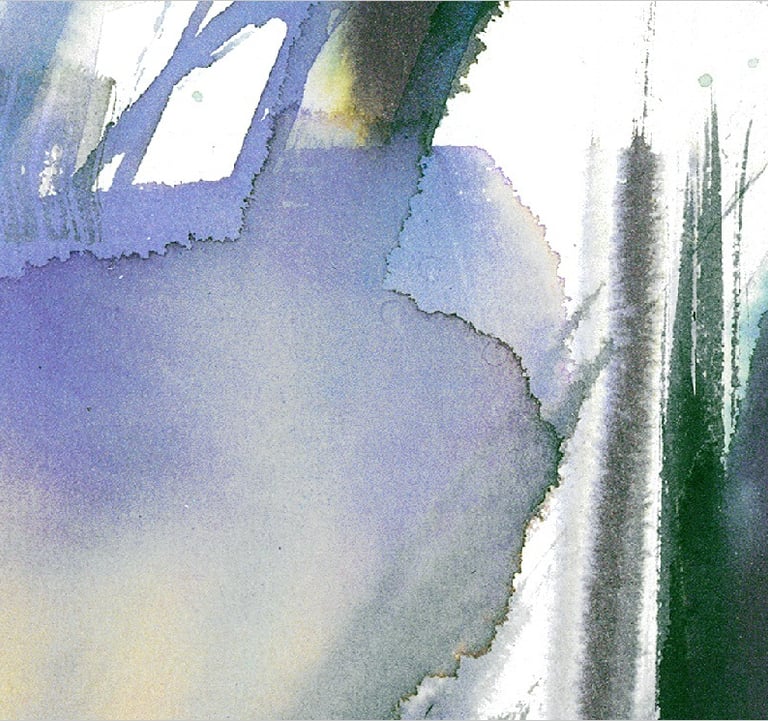Yuge Kurt, fragment of watercolor painting in art gallery. Abstract flowers. Calligraphy