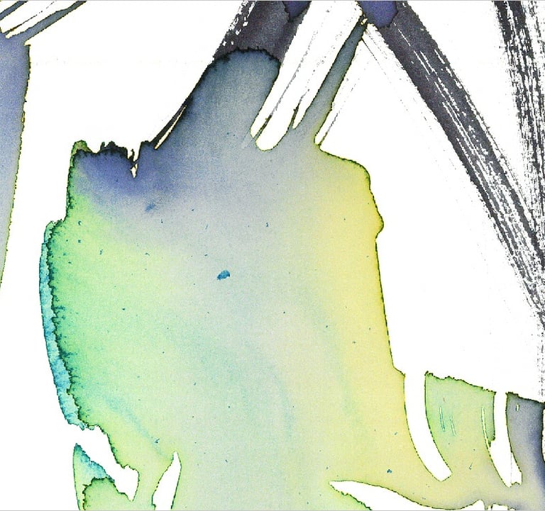 Yuge Kurt, fragment of watercolor painting in art gallery. Abstract flowers. Green yellow tones