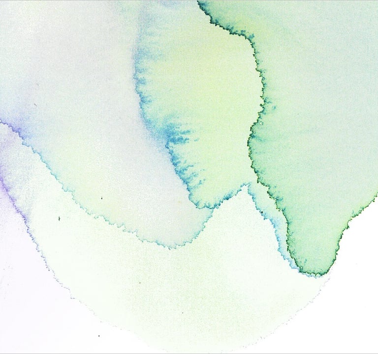 Yuge Kurt, fragment of watercolor painting in art gallery. Abstract flowers. Green yellow tones