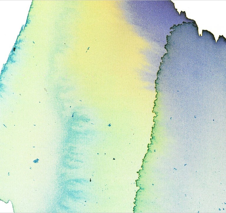 Yuge Kurt, fragment of watercolor painting in art gallery. Abstract flowers. Green yellow tones