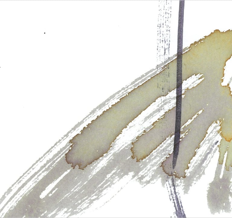 Yuge Kurt, fragment of watercolor painting in art gallery. Calligraphy. Jewel tones with neutrals