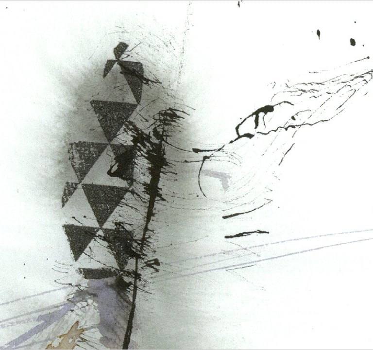 Yuge Kurt, fragment of watercolor painting in art gallery. Calligraphy. Jewel tones with neutrals
